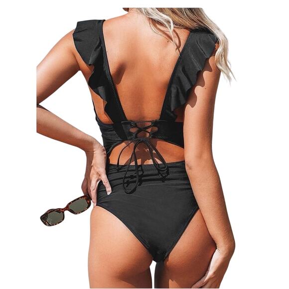 Cupshe large ruffle ruched low back tie one piece swimsuit SW2 2430 - Picture 1 of 13